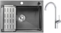 Мойка кухонная со смесителем Saniteco 6045 Nano + Spike F9S07000 (хром, с сифоном, дозатором и коландером) - 