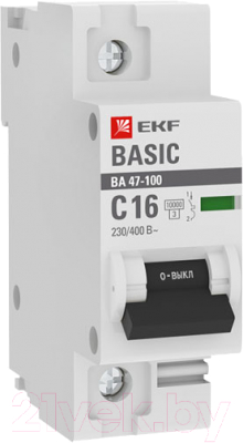 Выключатель автоматический EKF Basic ВА 47-100 1P 16А (C) 10kA / mcb47100-1-16C-bas