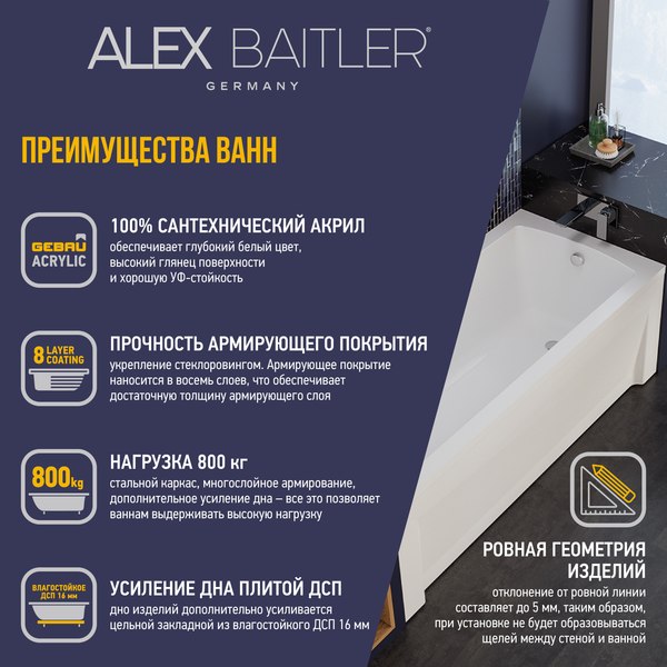 Купить Ванна акриловая Alex Baitler Garda 180х80 в Бобруйске