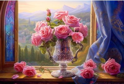 Набор алмазной вышивки РЫЖИЙ КОТ Розы на окне / НД-0485