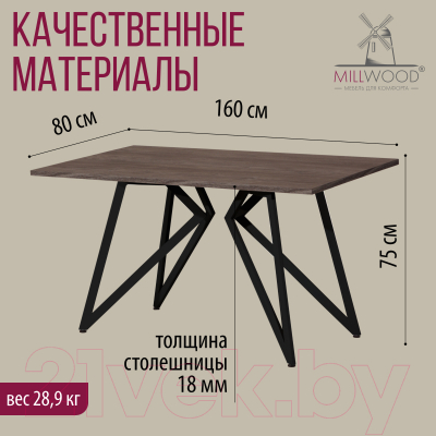 Обеденный стол Millwood Женева Л18 160x80 (сосна пасадена/металл черный)
