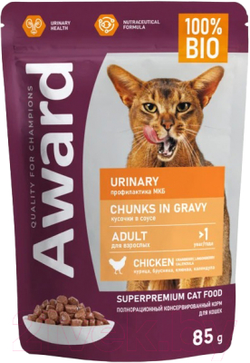 Влажный корм для кошек Award Urinary для взрослых кошек кусочки в соусе с курицей (85г)