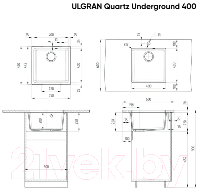 Мойка кухонная Ulgran Quartz Underground 400 (07 уголь)