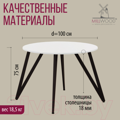 Обеденный стол Millwood Женева 2 Л18 D100 (белый/металл черный)