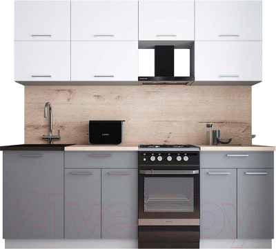 Кухонный гарнитур Интерлиния Мила Gloss 50-22 (белый глянец/графит софт/травертин серый)