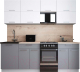 Кухонный гарнитур Интерлиния Мила Gloss 50-22 (белый софт/серый софт/травертин серый) - 