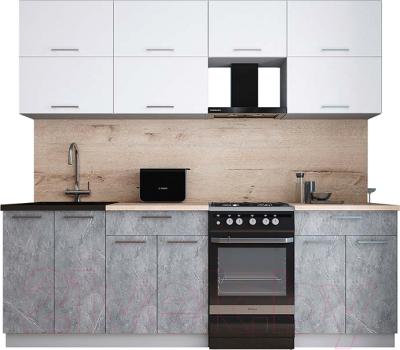 Готовая кухня Интерлиния Мила Gloss 50-23 (белый софт/керамика/травертин серый)