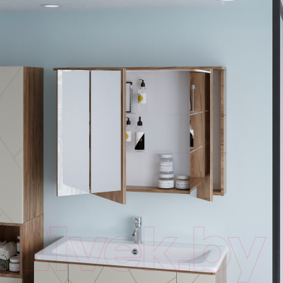 Шкаф с зеркалом для ванной Бриклаер Кристалл 95 (дуб крафт табачный)
