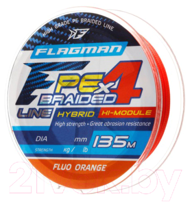 Леска плетеная Flagman Fishing PE Hybrid F4 135m FluoOrange 0.06мм 2.7кг/6lb / 28135-006