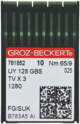 Набор игл для промышленной швейной машины Groz-Beckert UYx128 GBS 65 SUK GB-10 (для высокоэластичных тканей)