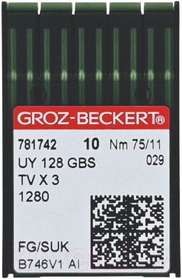 Набор игл для промышленной швейной машины Groz-Beckert UYx128 GBS 75 SUK GB-10 (для высокоэластичных тканей)