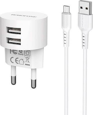 Зарядное устройство сетевое Borofone BA23A 2хUSB-А + кабель AM-microBM (1м, белый) - 