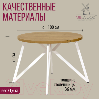 Обеденный стол Millwood Женева Л D100 (дуб золотой Craft/металл белый)