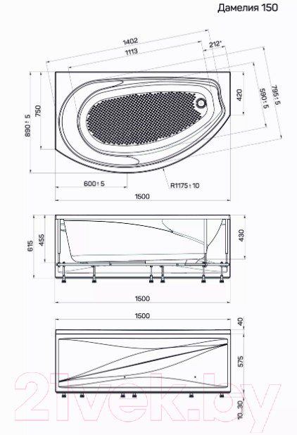 Ванна акриловая 1Марка Damelia 150x90 L