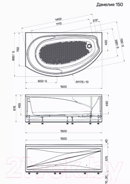 Ванна акриловая 1Марка Damelia 150x90 R