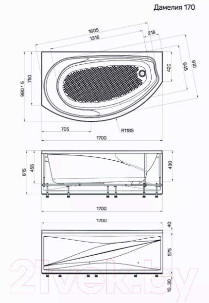 Ванна акриловая 1Марка Damelia 170x100 R