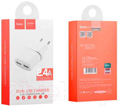 Адаптер питания сетевой Hoco C12 2хUSB-A 5V 2.4A 12W (белый)