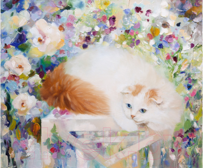 Набор алмазной вышивки РЫЖИЙ КОТ Белая кошка в саду / НД-0537