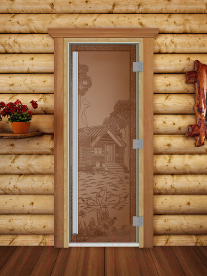 Стеклянная дверь для бани/сауны Doorwood Престиж Банька в лесу 70x190 / DW02523 (бронза матовый)