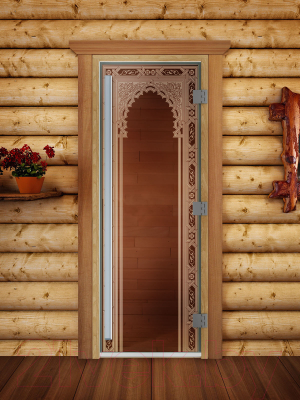 Стеклянная дверь для бани/сауны Doorwood Престиж Восточная арка 70x190 / DW03586 (бронза)