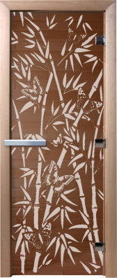 Стеклянная дверь для бани/сауны Doorwood Бамбук и бабочки 80x200 / DW00056 (бронза)