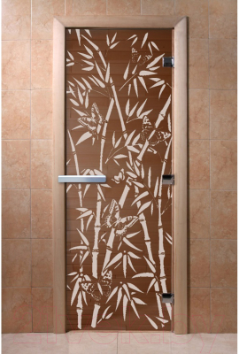 Стеклянная дверь для бани/сауны Doorwood Бамбук и бабочки 80x200 / DW00056 (бронза)