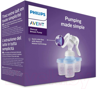 Молокоотсос ручной Philips AVENT С контейнерами и бутылочкой / F24001 (125мл)