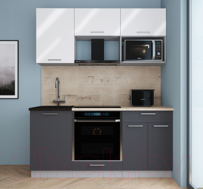 Кухонный гарнитур Интерлиния Мила Gloss 1.7 (белый глянец/графит софт/травертин серый)