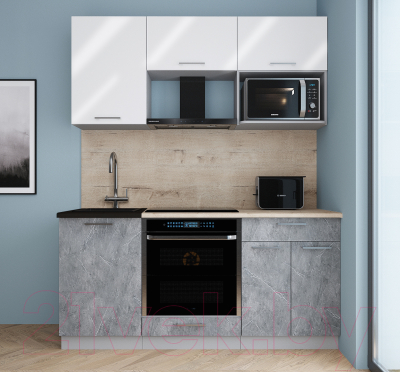 Кухонный гарнитур Интерлиния Мила Gloss 1.7 (белый глянец/керамика/травертин серый)
