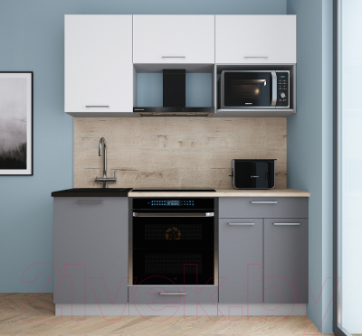 Кухонный гарнитур Интерлиния Мила Gloss 1.7 (белый софт/серый софт/травертин серый)