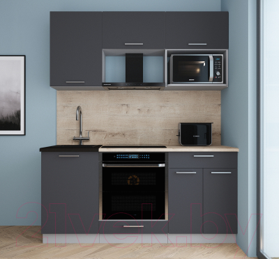 Кухонный гарнитур Интерлиния Мила Gloss 1.7 (графит софт/графит софт/травертин серый)