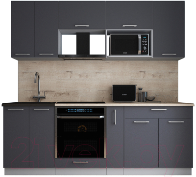 Кухонный гарнитур Интерлиния Мила Gloss 2.2 (графит софт/графит софт/травертин серый)