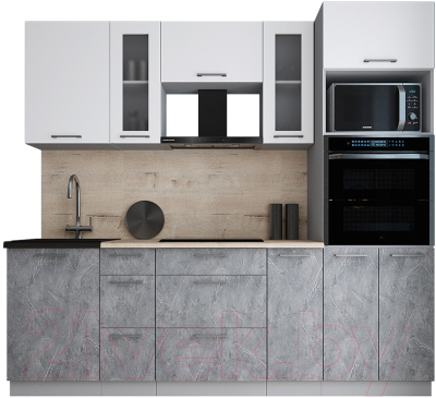 Кухонный гарнитур Интерлиния Мила Gloss 2.3 (белый софт/керамика/травертин серый)