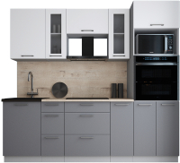 Кухонный гарнитур Интерлиния Мила Gloss 2.3 (белый софт/серый софт/травертин серый) - 