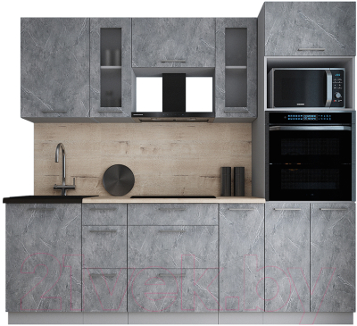 Кухонный гарнитур Интерлиния Мила Gloss 2.3 (керамика/керамика/травертин серый)