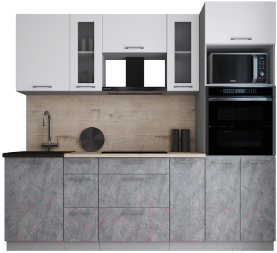 Кухонный гарнитур Интерлиния Мила Gloss 2.4 (белый софт/керамика/травертин серый)