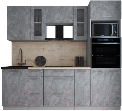 Кухонный гарнитур Интерлиния Мила Gloss 2.4 (керамика/керамика/травертин серый)