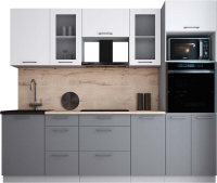 Кухонный гарнитур Интерлиния Мила Gloss 2.5 (белый софт/серый софт/травертин серый) - 