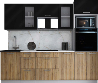 Кухонный гарнитур Интерлиния Мила Gloss 2.5 (черный глянец/дуб вотан/травертин серый) - 