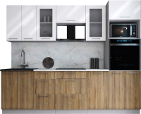 Кухонный гарнитур Интерлиния Мила Gloss 2.6 (белый глянец/дуб вотан/травертин серый) - 