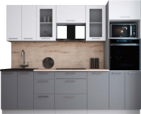 Кухонный гарнитур Интерлиния Мила Gloss 2.6 (белый софт/серый софт/травертин серый) - 