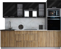 Кухонный гарнитур Интерлиния Мила Gloss 2.6 (черный глянец/дуб вотан/травертин серый) - 