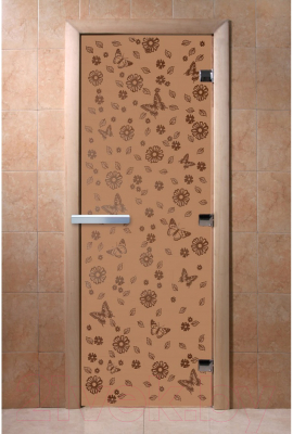 Стеклянная дверь для бани/сауны Doorwood Цветы и бабочки 70x190 / DW01298 (бронза матовый)