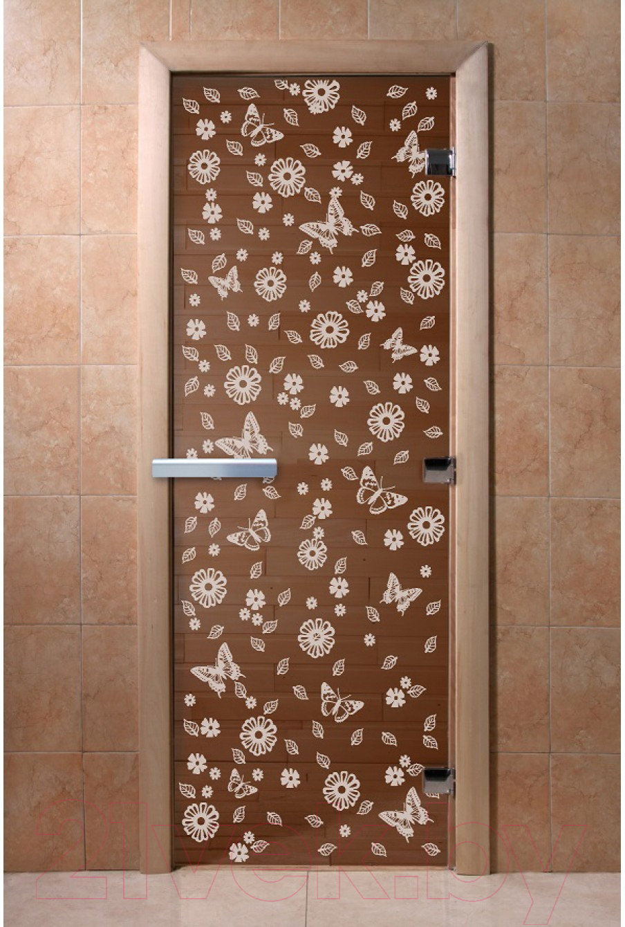 Стеклянная дверь для бани/сауны Doorwood Цветы и бабочки 70x190 / DW01299