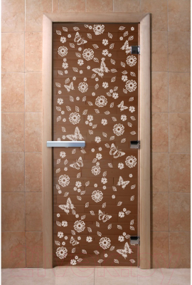 Стеклянная дверь для бани/сауны Doorwood Цветы и бабочки 70x190 / DW01299 (бронза)