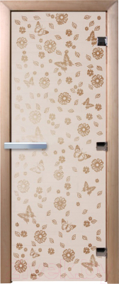 Стеклянная дверь для бани/сауны Doorwood Цветы и бабочки 70x190 / DW01300 (сатин)
