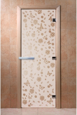 Стеклянная дверь для бани/сауны Doorwood Цветы и бабочки 70x190 / DW01300 (сатин)