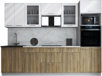Кухонный гарнитур Интерлиния Мила Gloss 2.8 (белый глянец/дуб вотан/травертин серый) - 