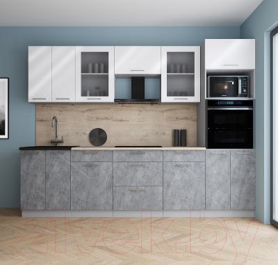 Кухонный гарнитур Интерлиния Мила Gloss 2.8 (белый глянец/керамика/травертин серый)