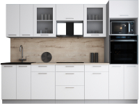 Кухонный гарнитур Интерлиния Мила Gloss 2.8 (белый софт/белый софт/травертин серый) - 